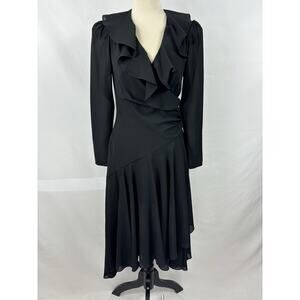 Joy Stevens California Wrap Dress Black 6 Sheer Ruffles Cut Out Long Sleeve